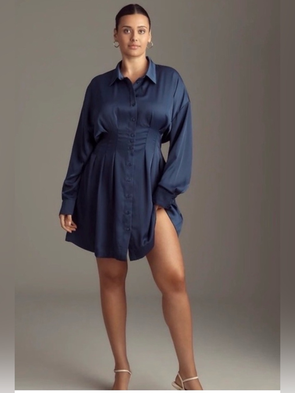 Exquise (anthro) Tobie Satin Navy Button-Front Mini Shirt Dress